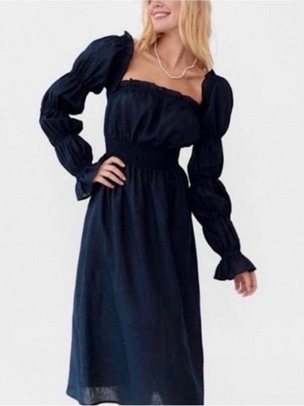 Sleeper Navy Smocked Waist Long Sleeve Midi Dress